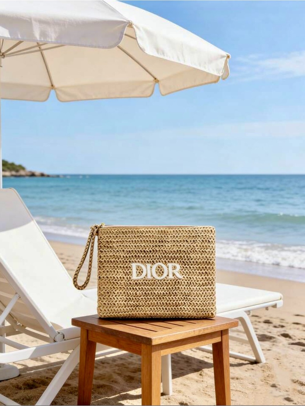 Dior Beige Woven Raffia Wristlet Pouch NWT GWP - Picture 2 of 13